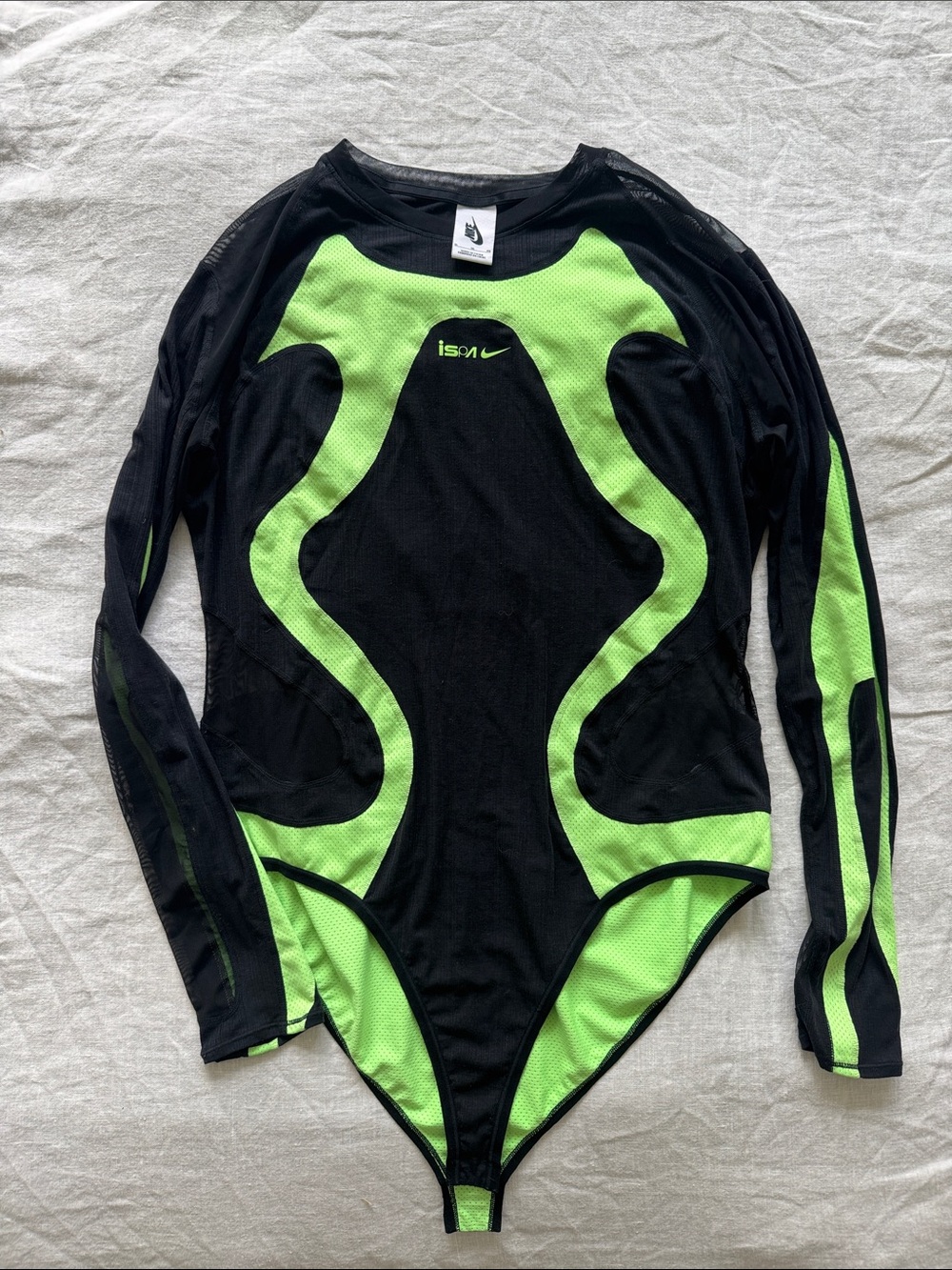 Nike ispa Neon Green & Black Mesh Panel Long Sleeve Bodysuit